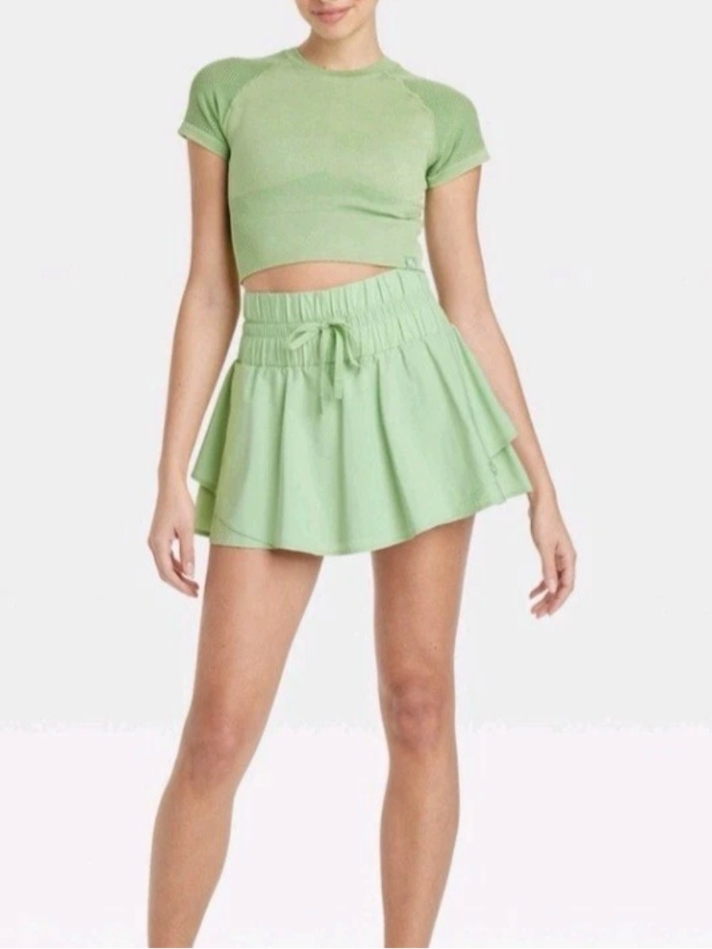 JoyLab Light Green Tiered Drawstring Mini Skort
